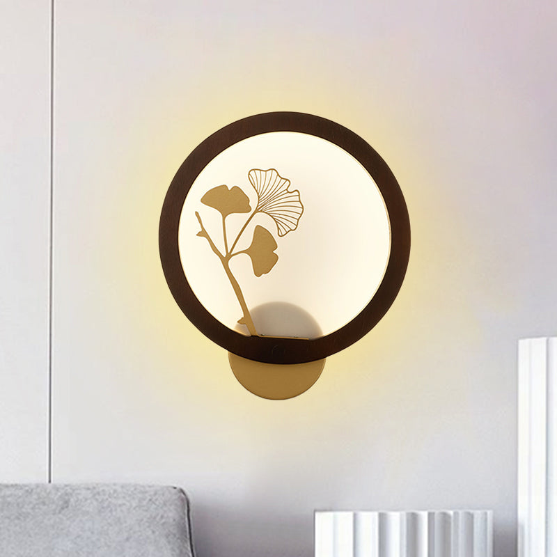 Aziatische stijl Ginkgo Biloba Led Mural Light Wood Family Room Wandverlichting in zwart/beige