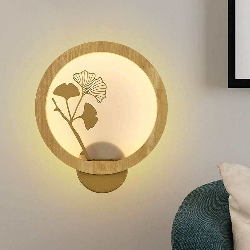 Aziatische stijl Ginkgo Biloba Led Mural Light Wood Family Room Wandverlichting in zwart/beige