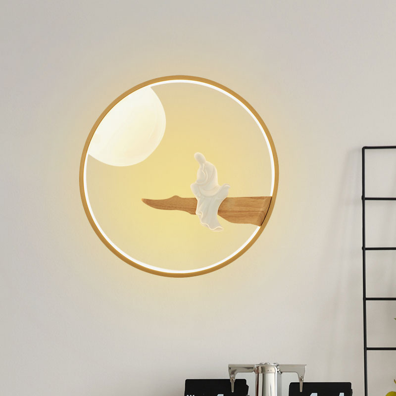 Asia Buddha Wooden Mural Light Fixture LED Wall Mounted Lamp in Black/Beige for Bedside