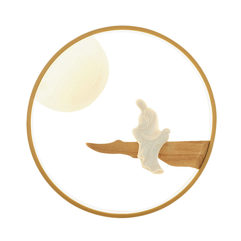 Asia Buddha Wooden Mural Light Fixture LED Wall Mounted Lamp in Black/Beige for Bedside