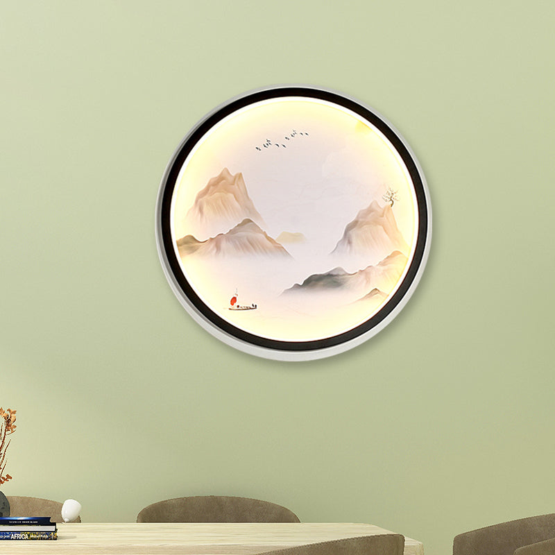 Mountains brumeux Tissu de paysage Mural Lampe chinois Sconcée de lumière murale à LED noir