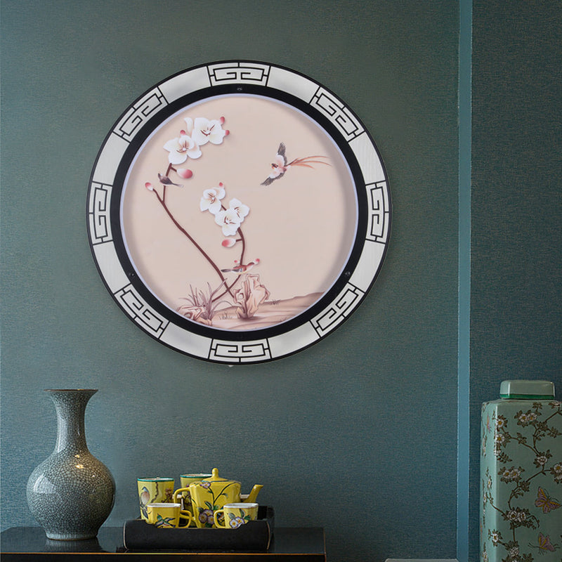 Pink Spring Blossom Sconce Mural Lamp Retro Fabric LED Wall Mounted Light Fixture for Guest Room