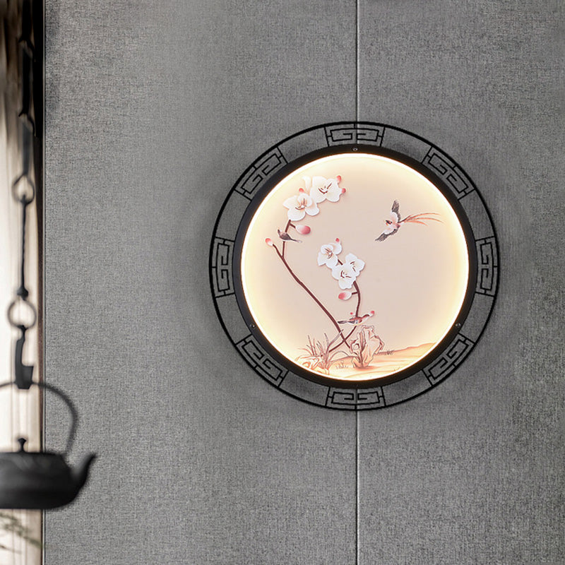 Pink Spring Blossom Sconce Mural Lamp Retro Fabric LED Wall Mounted Light Fixture for Guest Room