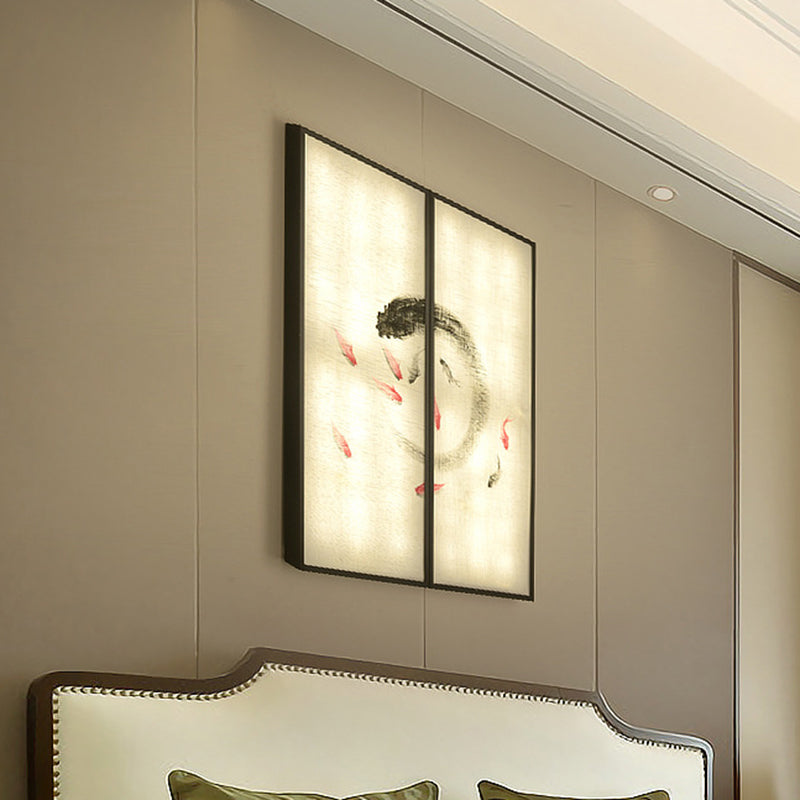 Carp Art Work Bedside LED Mural Lighting Fabric Chinese Style Sconce Light Fixture in Black