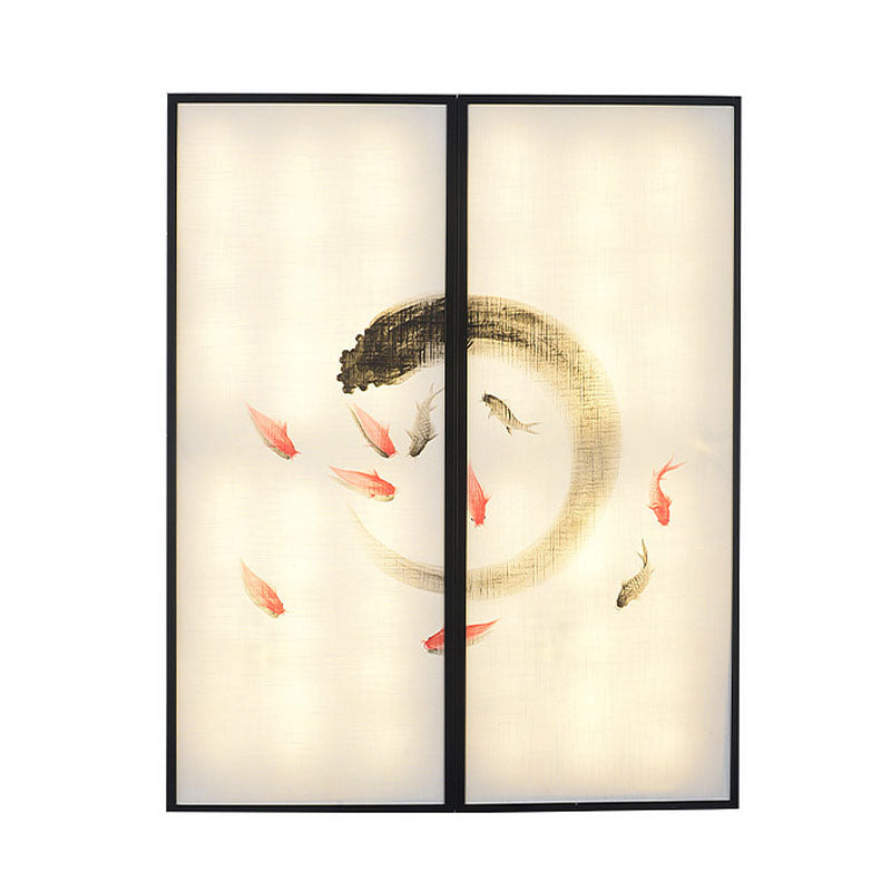 Carp Art Work Bedside LED Mural Lighting Fabric Chinese Style Sconce Light Fixture in Black