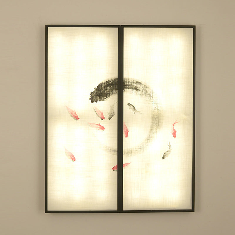 Carp Art Work Bedside LED Mural Lighting Fabric Chinese Style Sconce Light Fixture in Black