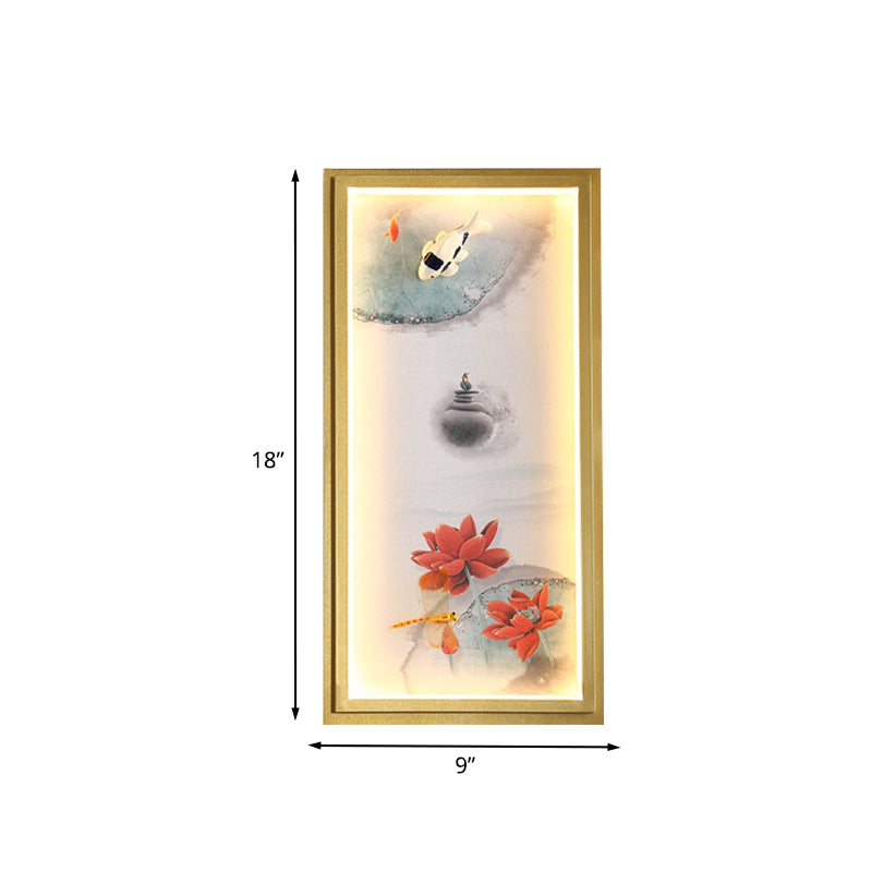 Chinese Ink Village/Lotus Mural Lamp Fabric Family Room LED Wall Mount Light in Gold