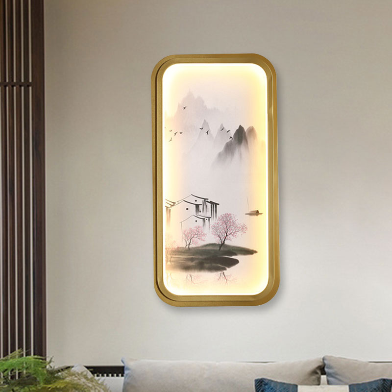 Chinese Ink Village/Lotus Mural Lamp Fabric Family Room LED Wall Mount Light in Gold