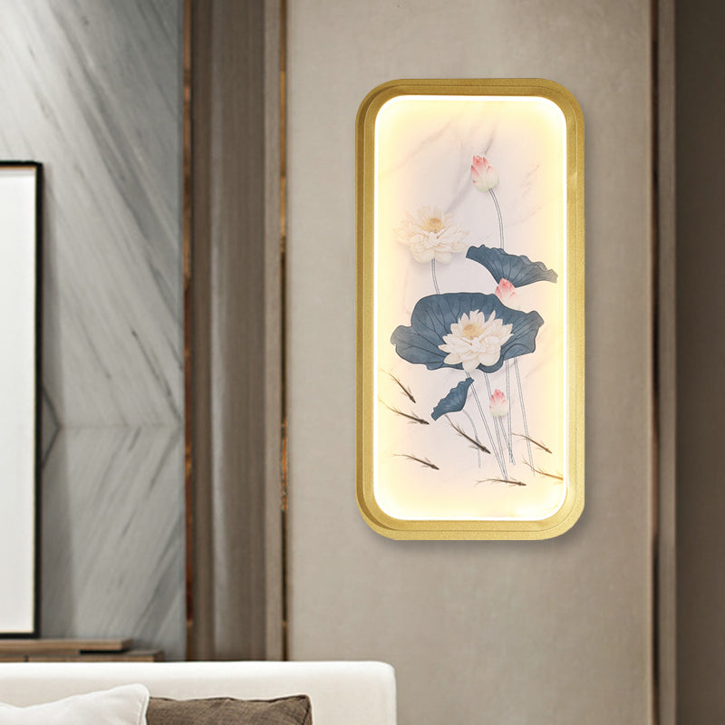 Asia Lotus Fabric Wall Mount Mural Lamp LED Flush Mount Wall Sconce in Gold for Bedroom