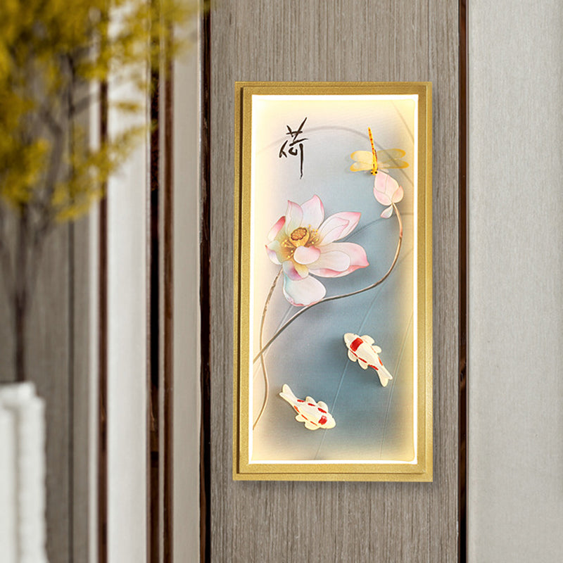 Asia Lotus Fabric Wall Mount Mural Lamp LED Flush Mount Wall Sconce in Gold for Bedroom