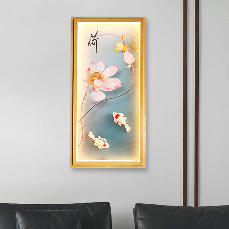 Asia Lotus Fabric Wall Mount Mural Lamp LED Flush Mount Wall Sconce in Gold for Bedroom