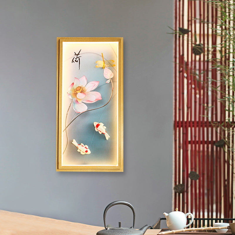 Asia Lotus Fabric Wall Mount Mural Lamp LED Flush Mount Wall Sconce in Gold for Bedroom