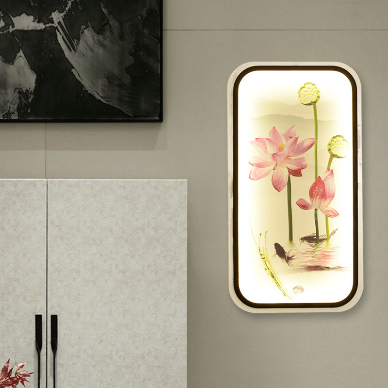 Chinese Lotus Pond Mural Light Fabric Sitting Room LED Wall Mounted Light Fixture in Black