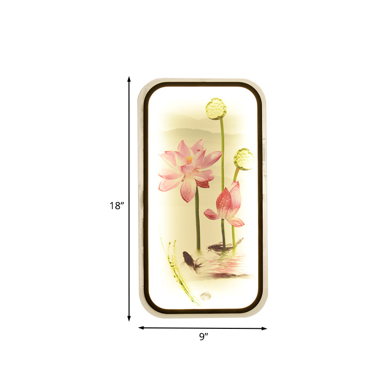 Chinese Lotus Pond Mural Light Fabric Sitting Room LED Wall Mounted Light Fixture in Black
