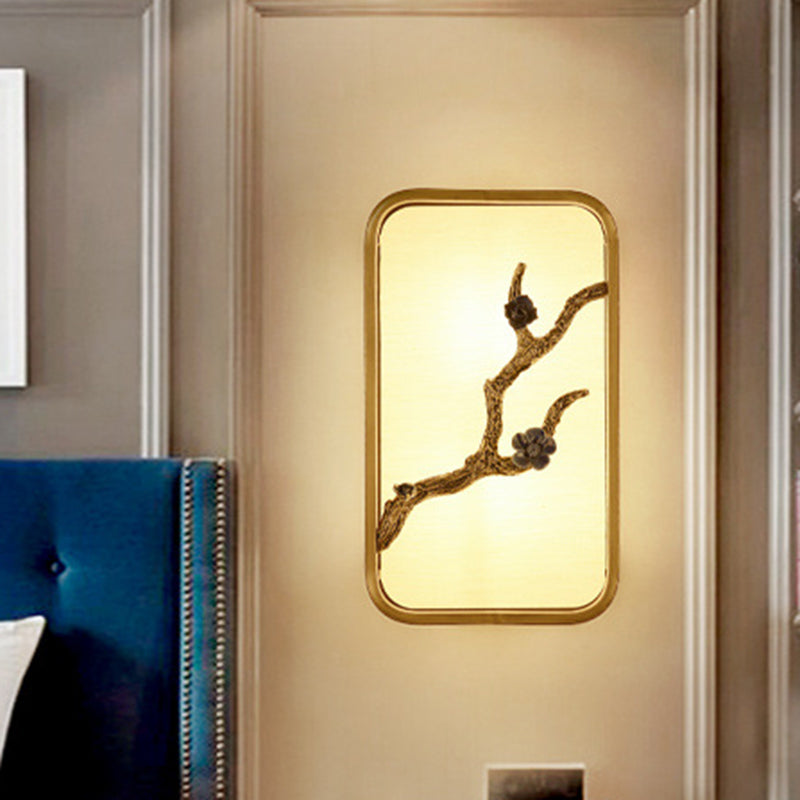 15 "/ 23" H rectangle mur mural éclairage tissu asiatique lampe murale LED dorée avec décoration de branche de fleurs