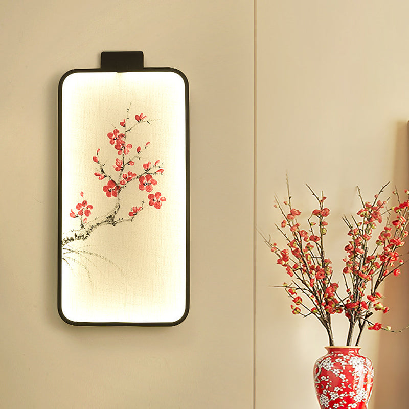Fabric Blooming Lotus/Peach Mural Lamp Chinese Black LED Wall Mounted Lighting for Bedroom
