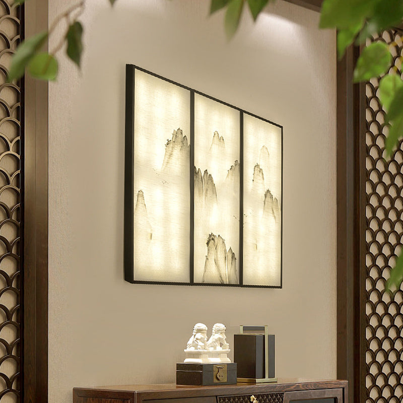 Hills Drawing Bedroom Wall Mural Light Fabric Asian 16"/35.5" W LED Sconce Lighting in Black