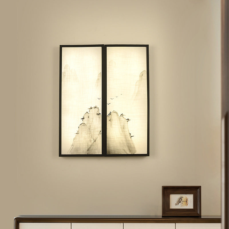Hills Drawing Bedroom Wall Mural Light Fabric Asian 16"/35.5" W LED Sconce Lighting in Black