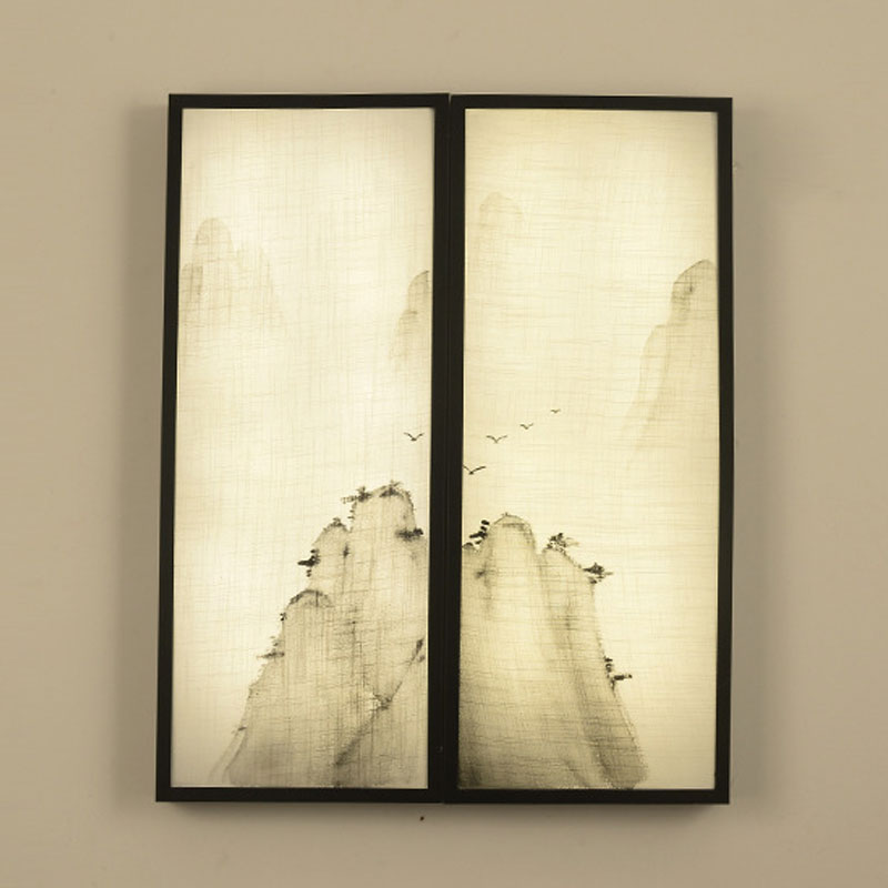 Hills Drawing Bedroom Wall Mural Light Fabric Asian 16"/35.5" W LED Sconce Lighting in Black