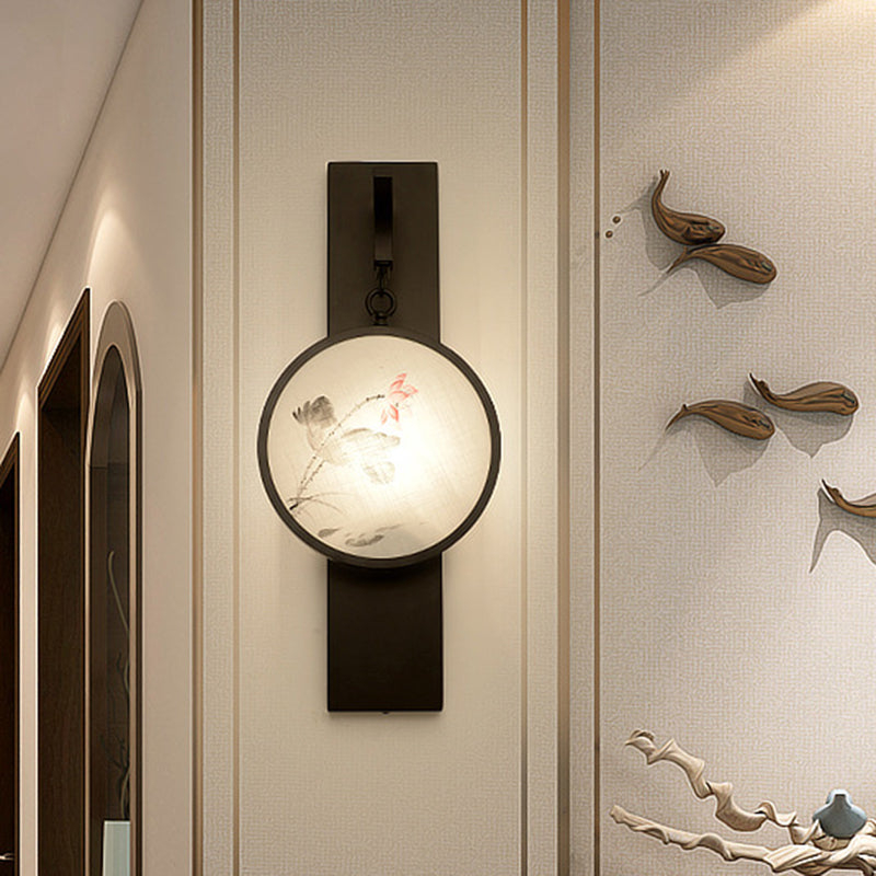 Flower/Bird LED Mural Wall Hanging Light Chinese Fabric Tearoom Wall Mounted Lamp in Black