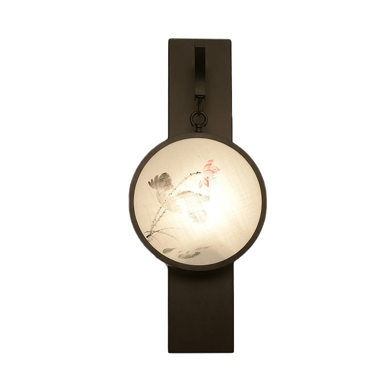 Flower/Bird LED Mural Wall Hanging Light Chinese Fabric Tearoom Wall Mounted Lamp in Black