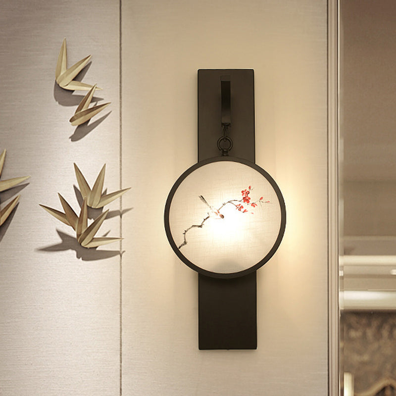 Flower/Bird LED Mural Wall Hanging Light Chinese Fabric Tearoom Wall Mounted Lamp in Black