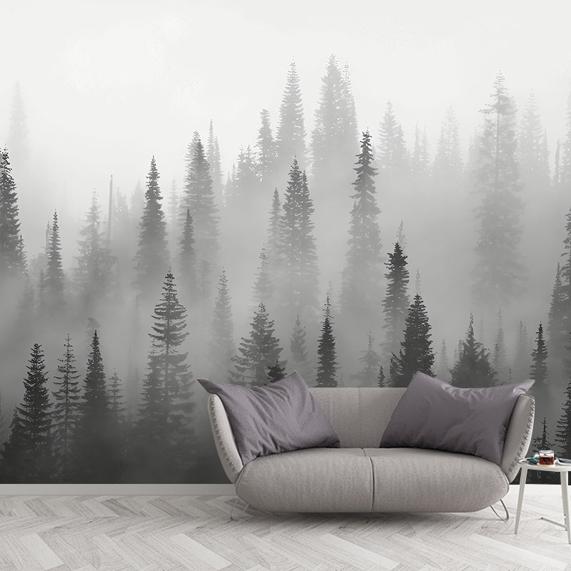 Enormous Misty Trees Wall Mural in Grey Non-Woven Wall Covering for Home Decor, Custom-Printed