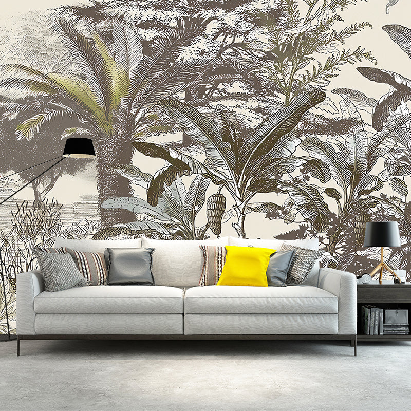 Whole Animal and Plants Mural for Coffee Shop Jungle Wall Art in Grey, Stain-Resistant