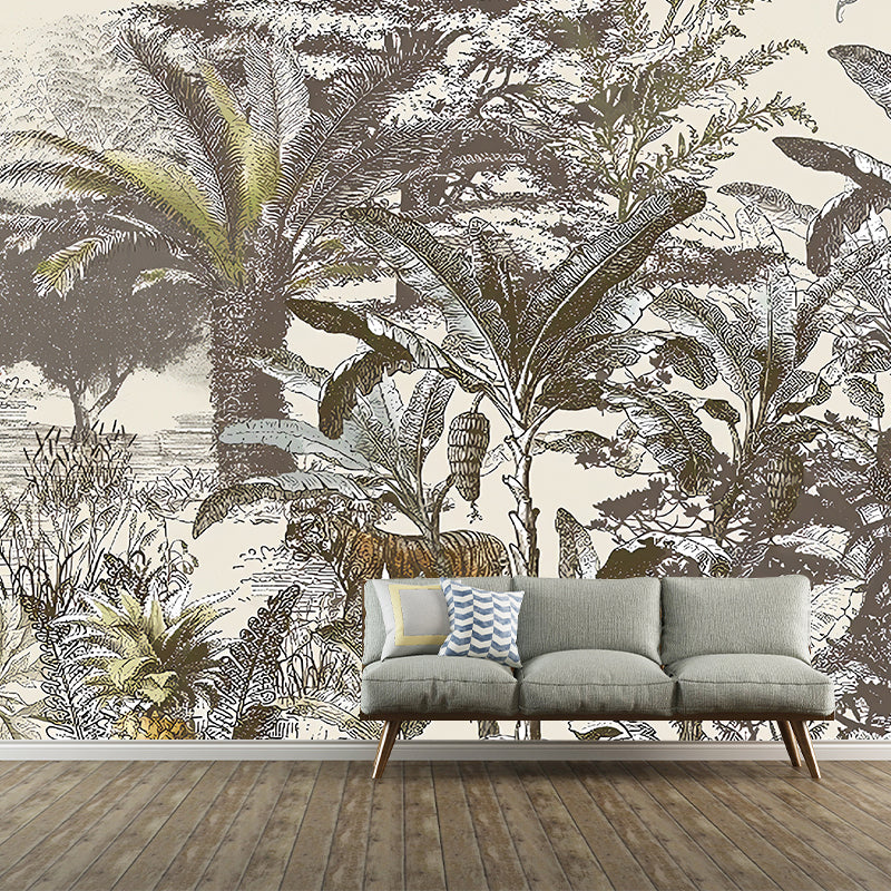 Whole Animal and Plants Mural for Coffee Shop Jungle Wall Art in Grey, Stain-Resistant