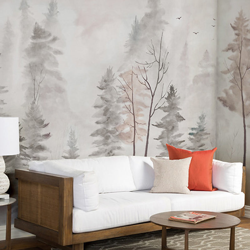 Nordic Trees Wall Mural for Guest Room Decoration, Custom-Printed Wall Covering in Grey and Pink
