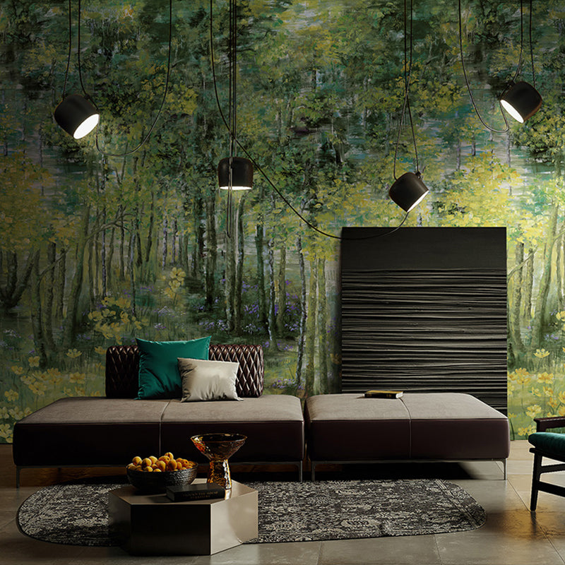 Large Illustration Deep Forest Mural for Guest Room Decor with Deep Forest Design in Dark Green