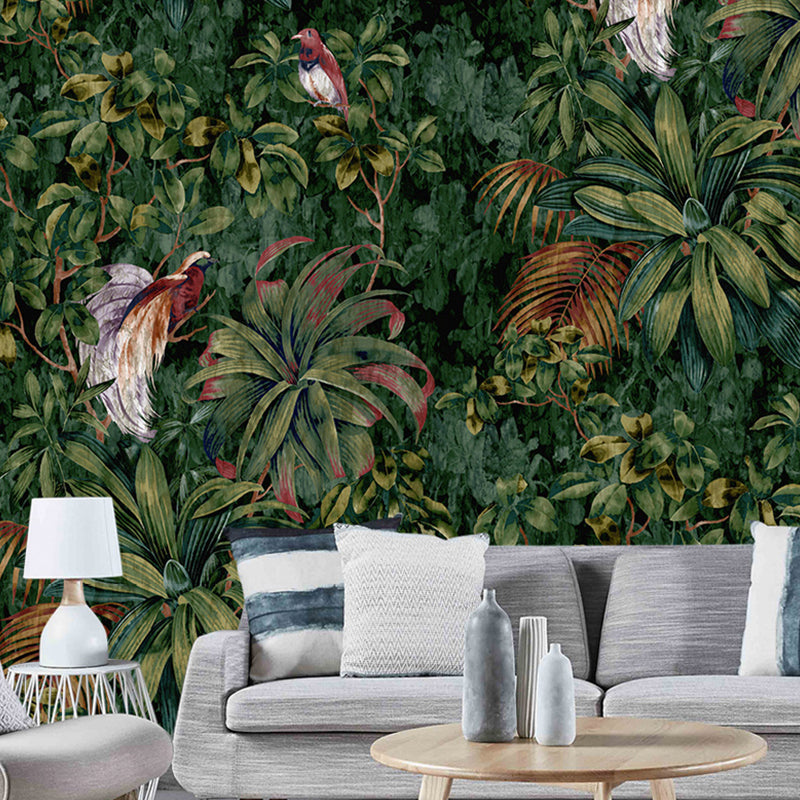 Big Photo Style Birds Mural Wallpaper for Living Room Decoration in Green, Custom Size Available