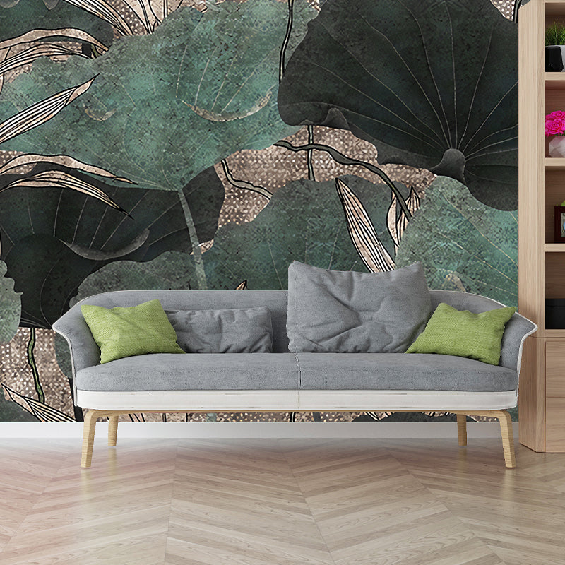 Big Asia Inspired Wall Mural in Green Lotus Leaves Wall Art, Custom Size Available