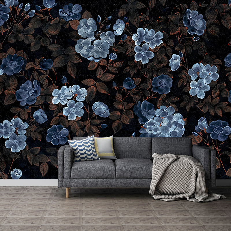 Blue and Black Flower Mural Wallpaper Bedroom Decorative Wall Art, Personalized Size Available