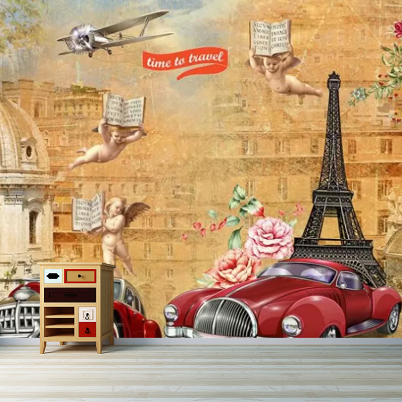 Enormous Illustration Minimalist Wall Mural for Home Decoration with Cars Design in Brown, Made to Measure