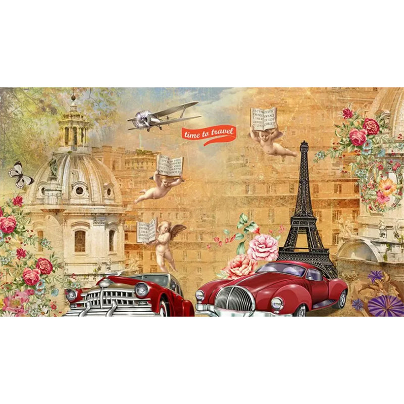 Enormous Illustration Minimalist Wall Mural for Home Decoration with Cars Design in Brown, Made to Measure