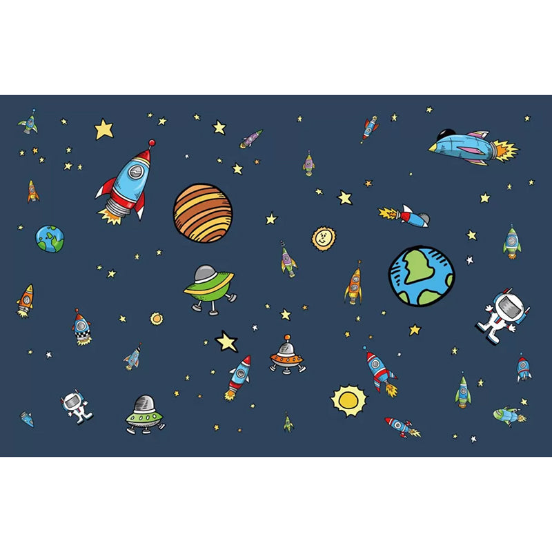 Enormous Illustration Nordic Mural Wallpaper for Kid's Bedroom with Cartoon Deep Space Design in Dark Blue