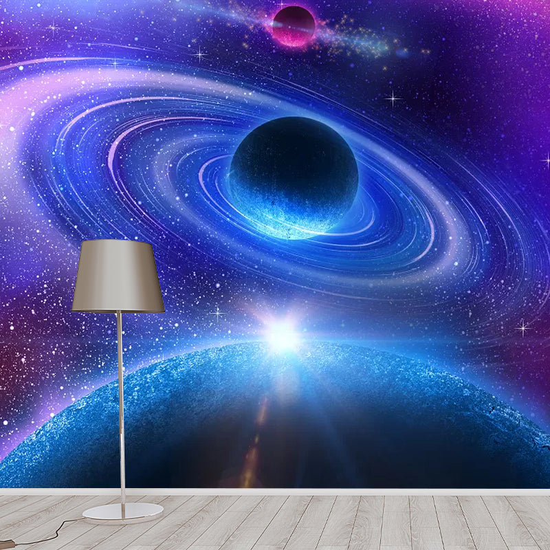 Blue and Purple Planet Mural Wallpaper Stain-Resistant Wall Decor for Guest Room