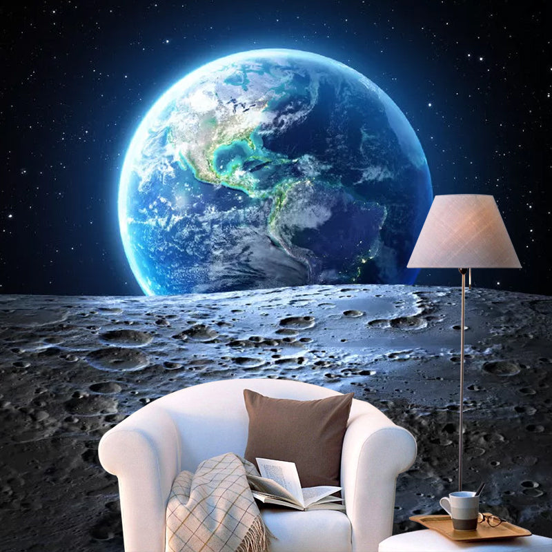 Moon and Earth Mural Wallpaper in Blue Bedroom Decorative Wall Covering, Custom Size Available