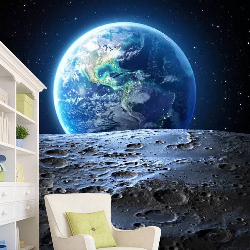 Moon and Earth Mural Wallpaper in Blue Bedroom Decorative Wall Covering, Custom Size Available