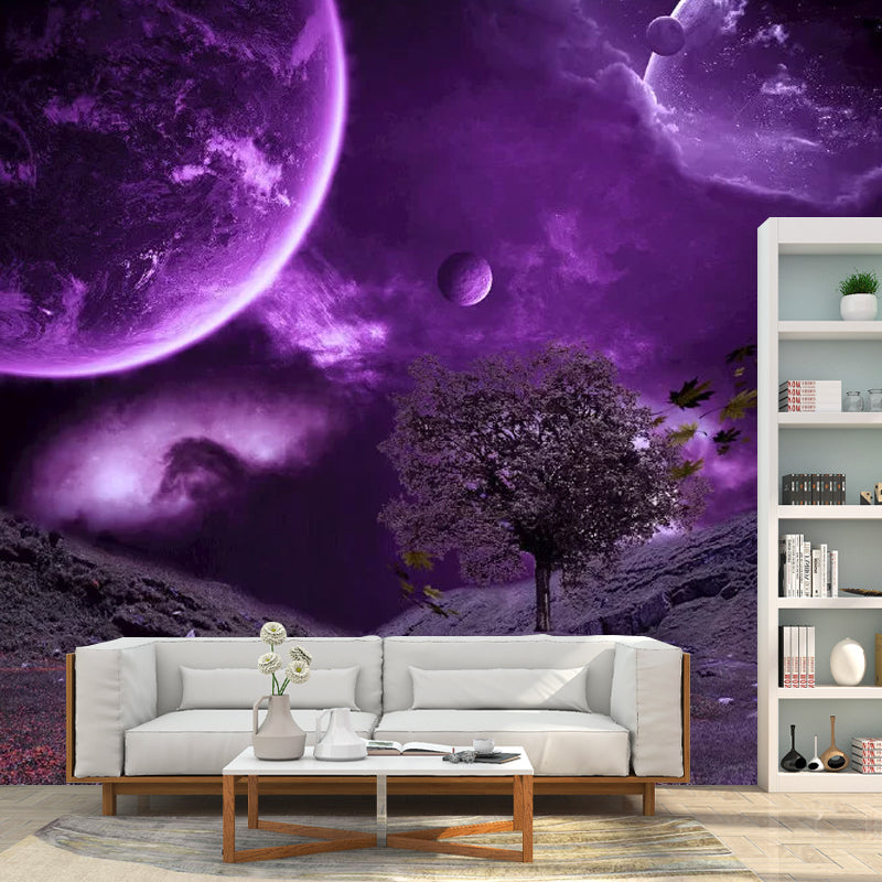 Planet and Desert Mural Wallpaper Contemporary Wall Covering in Purple, Custom Size Available