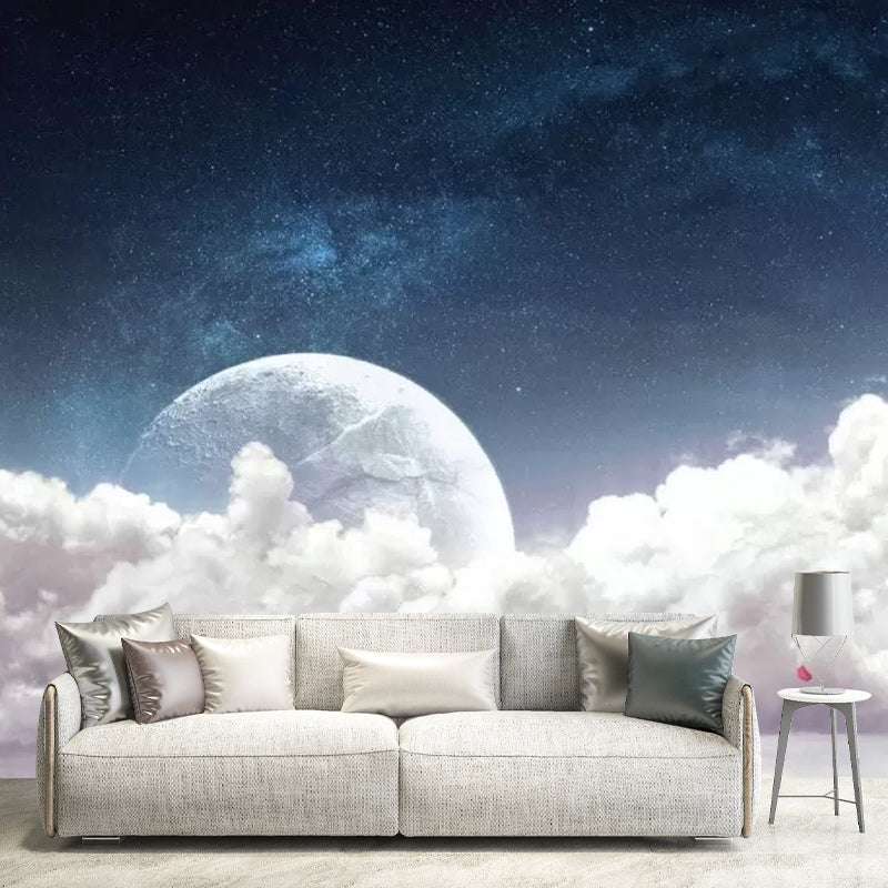 Whole Cloud and Moon Mural in Blur and White Non-Woven Fabric Wall Art for Ceiling, Made to Measure