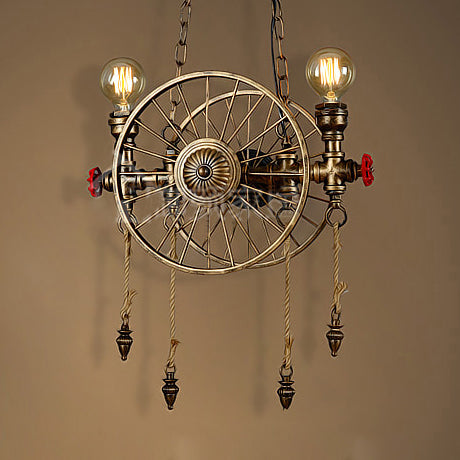 Wheel Design Metal Island Lamp Vintage Stylish 2 Heads Restaurant Island Pendant Lighting in Brass