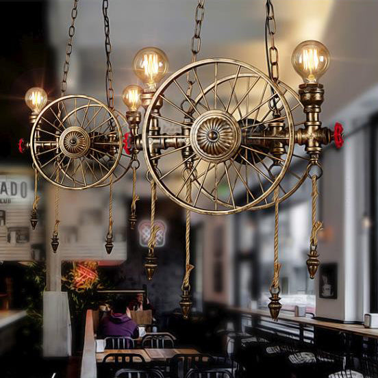 Wheel Design Metal Island Lamp Vintage Stylish 2 Heads Restaurant Island Pendant Lighting in Brass
