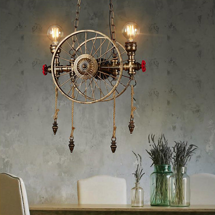 Wheel Design Metal Island Lamp Vintage Stylish 2 Heads Restaurant Island Pendant Lighting in Brass