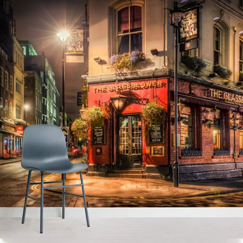 Brown Retro Wall Covering Custom Size Night Street Wall Mural Decal for Coffee Shop