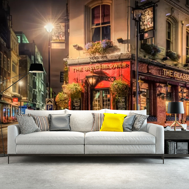 Brown Retro Wall Covering Custom Size Night Street Wall Mural Decal for Coffee Shop