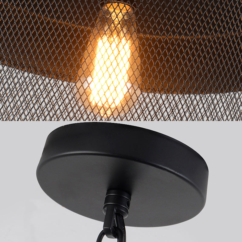 1 Head Metal Hanging Light Industrial Style Black Mesh Drum Shade Restaurant Pendant Light Fixture