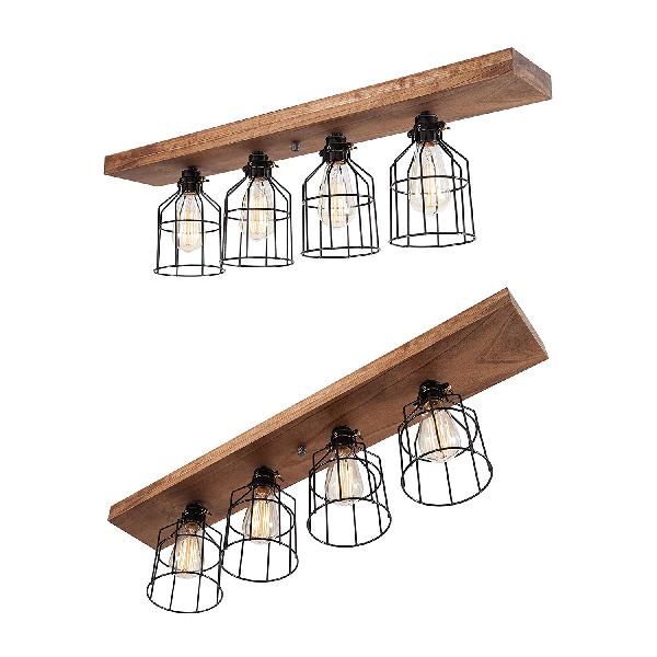4 Bulbs Iron Semi Flush Ceiling Light Industrial Black Finish Wire Cage Kitchen Ceiling Fixture with Linear Wooden Canopy