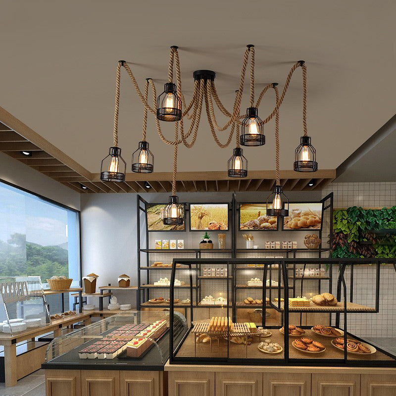 Apparecchio a soffitto nero Swag con paradisi a gabbia di filo ferro antico e corda di canapa 8 lampadine ristorante appeso la luce